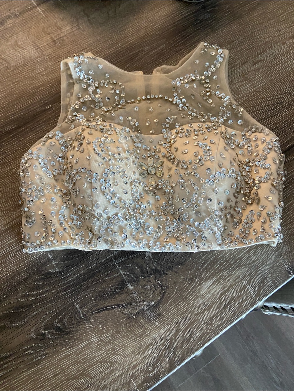 Vintage Embellished Sheer Neck Crop Top - Nude